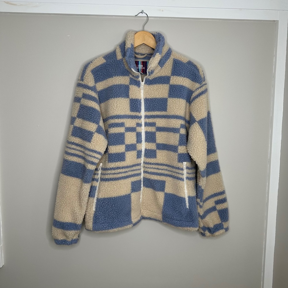 Urban Outfitters Fleece Jacket Blue Beige Checkered Sherpa Coat‎ Women's Small